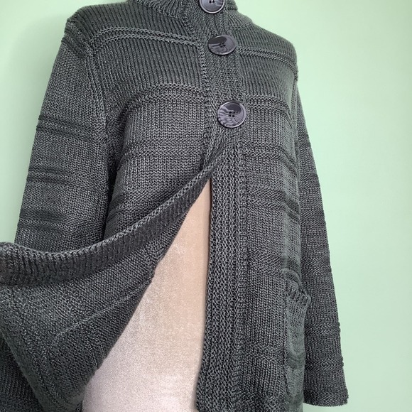 LH Sport Oversized Snap Button Cable Knit Sweater Cardigan Mock Neck Gunmetal - Picture 3 of 12